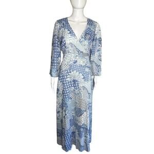 NIBI MTK Blue White Patterned Cotton Sundress with Bell Sleeves XS